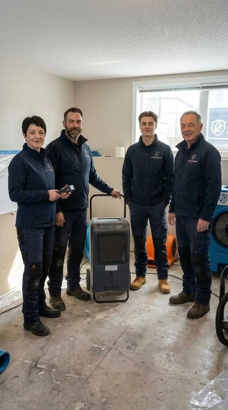 Team photo of four members from Water Restoration Calgary at a job site.