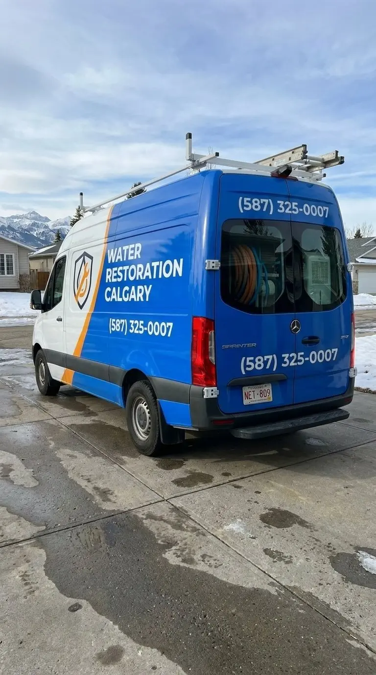 Water Restoration Calgary work van in blue colours.